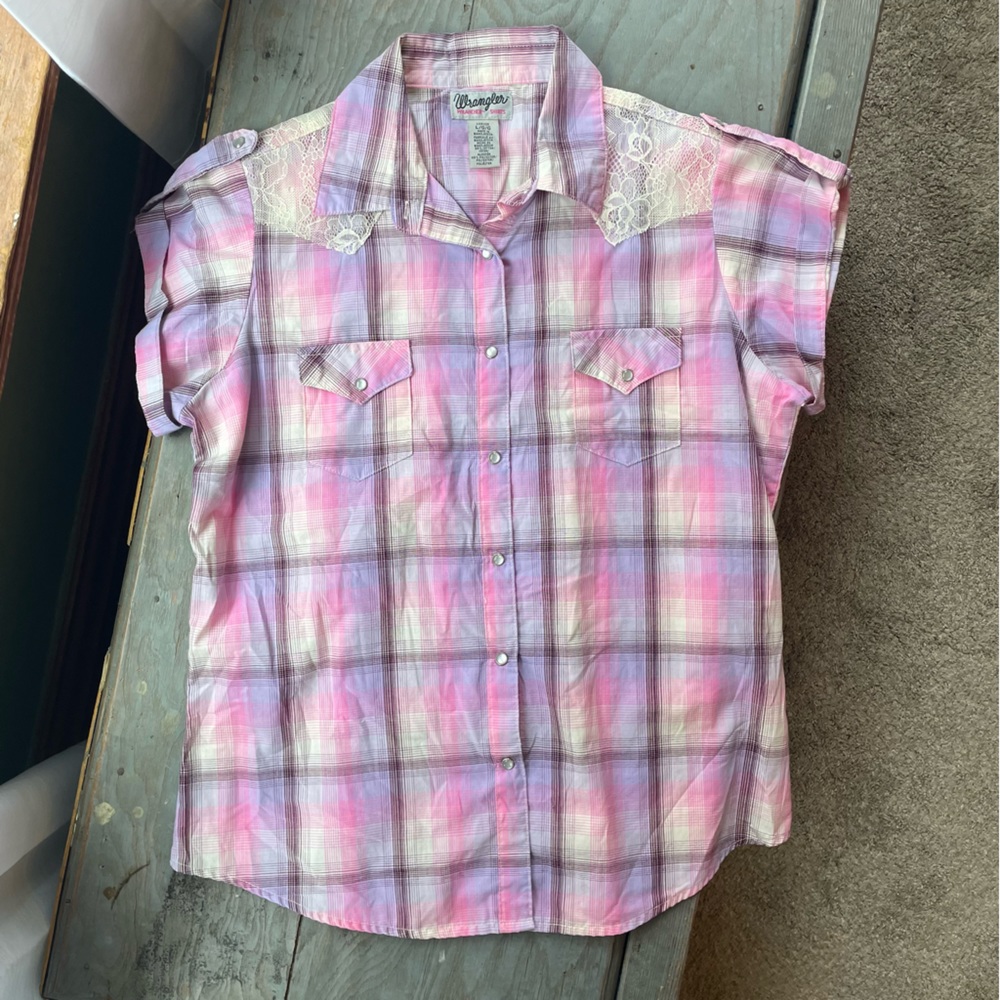 Wrangler Wrancher women’s snap button short sleeve shirt | size large